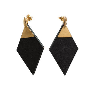 Diamond shape leather earrings with brass findings and silver or gold plated studs